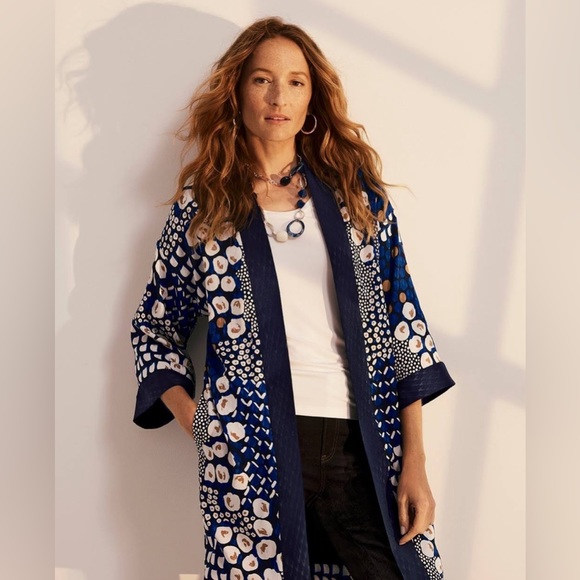 chico’s women’s blue printed kimono with scarf 12/14P L106-1 - Picture 1 of 7